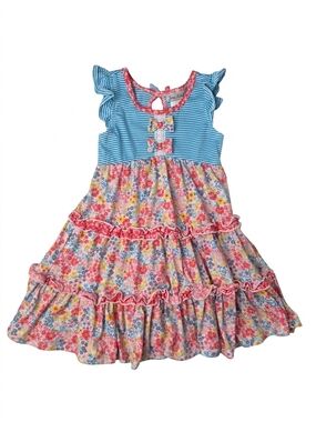 Jona Michelle Girls Floral Tiered Dress Blue Striped Flutter Sleeve 4T